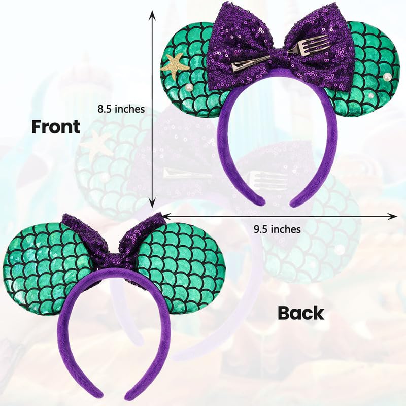 ETLUK Mouse Ears Headband, Mermaid Inspired Mouse Ears Sequin Bow Headbands for Adult Women Girls, Cosplay, Park Ears Party Decorations - Image 2